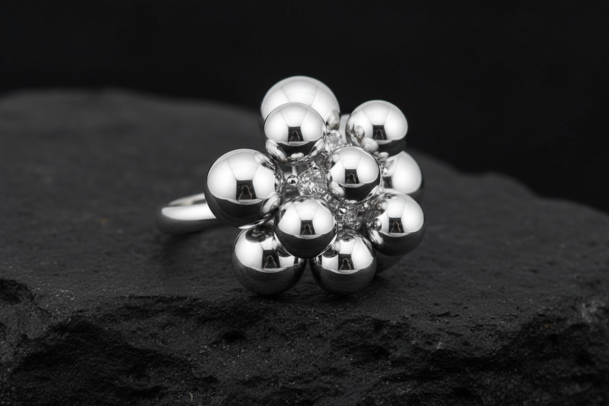 Sterling Silver Dangling Balls Beads Charm Ring