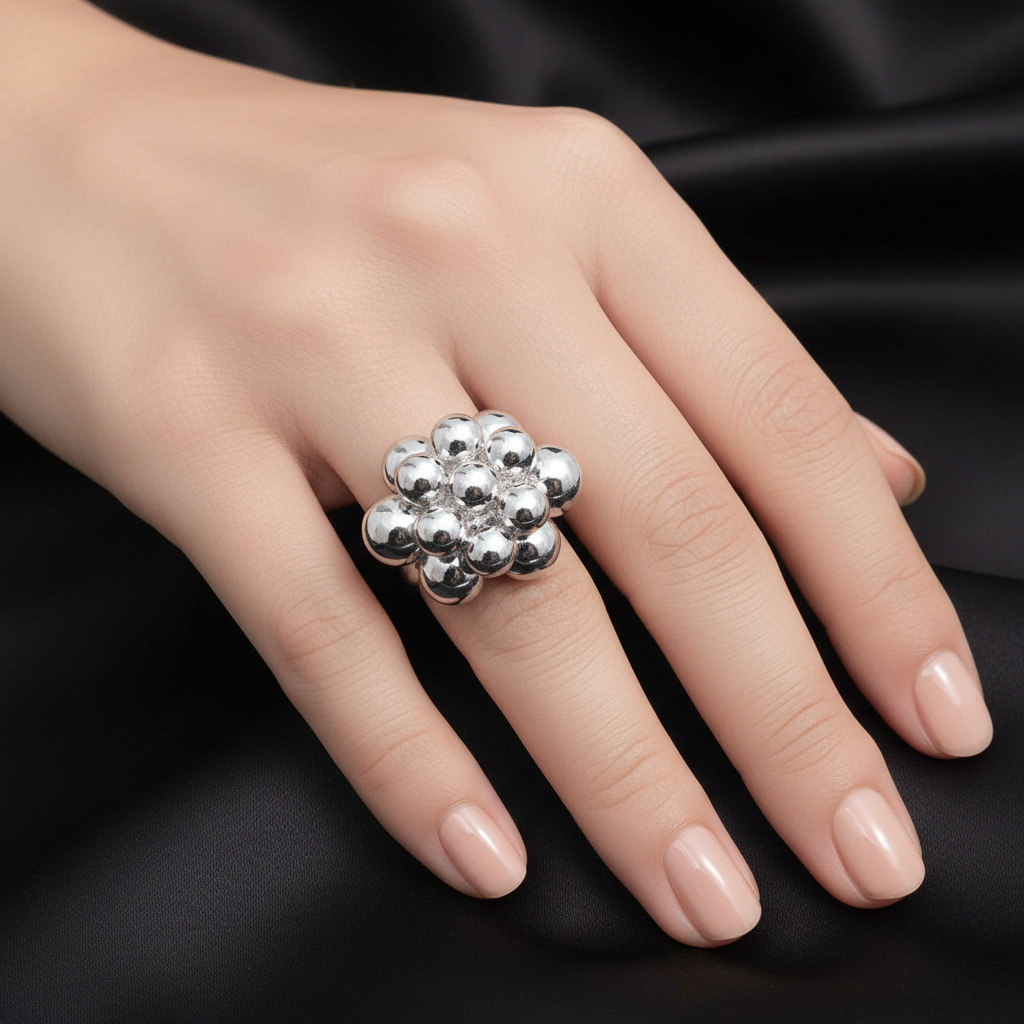 Sterling Silver Dangling Balls Beads Charm Ring