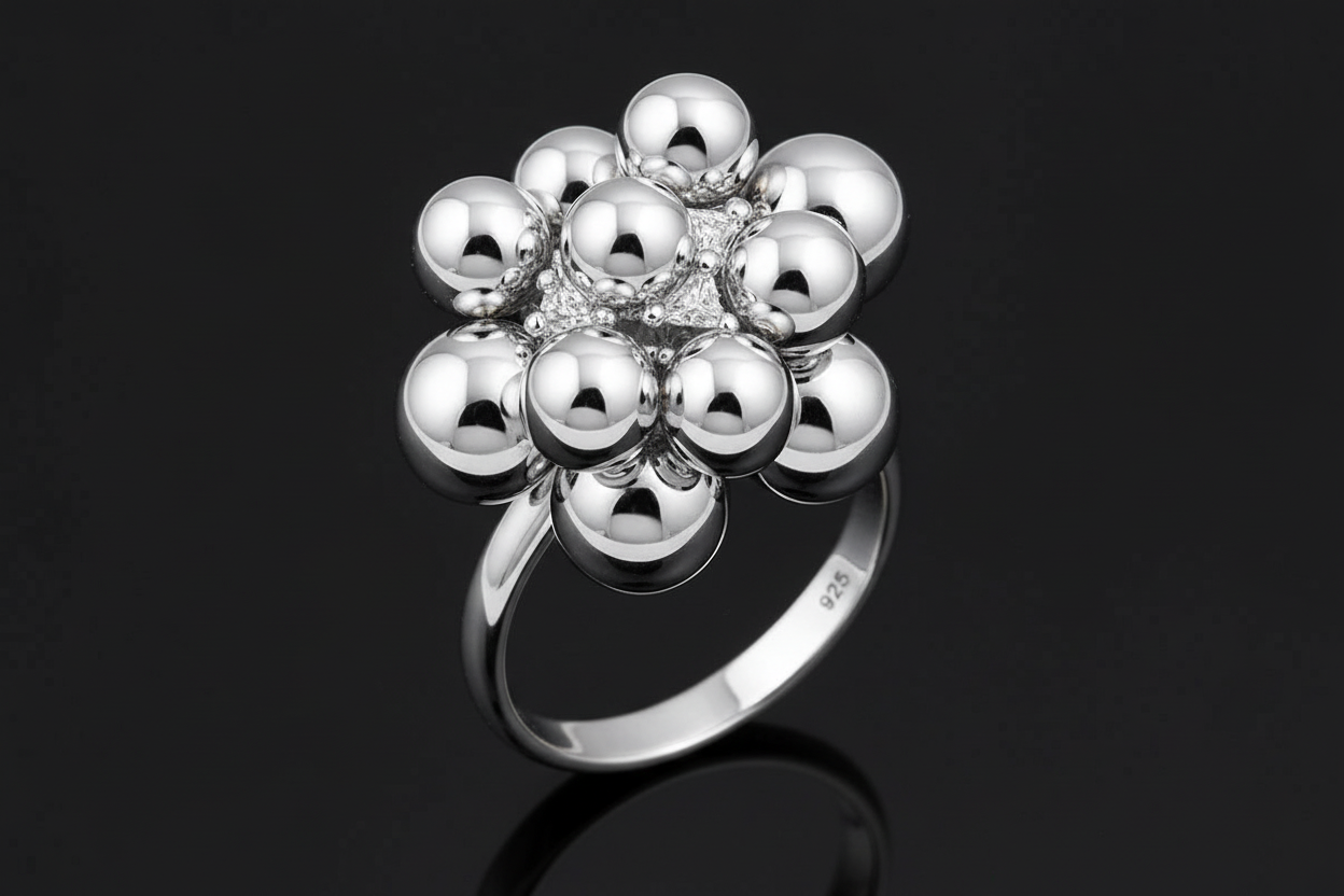 Sterling Silver Dangling Balls Beads Charm Ring
