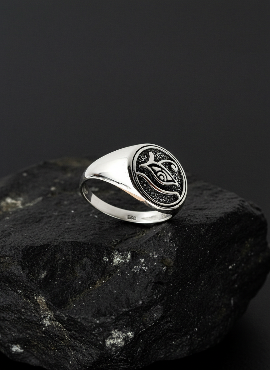 Eye of Horus Ring Sterling Silver, 12mm Face Height, Oxidized Finish | Ancient Egyptian Jewelry