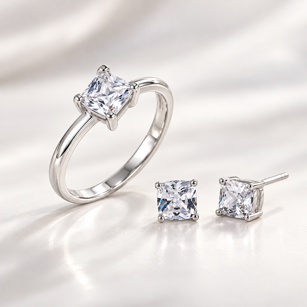 5mm Sterling Silver Ring and Stud Earring Set – Square Cubic Zirconia Jewelry Set