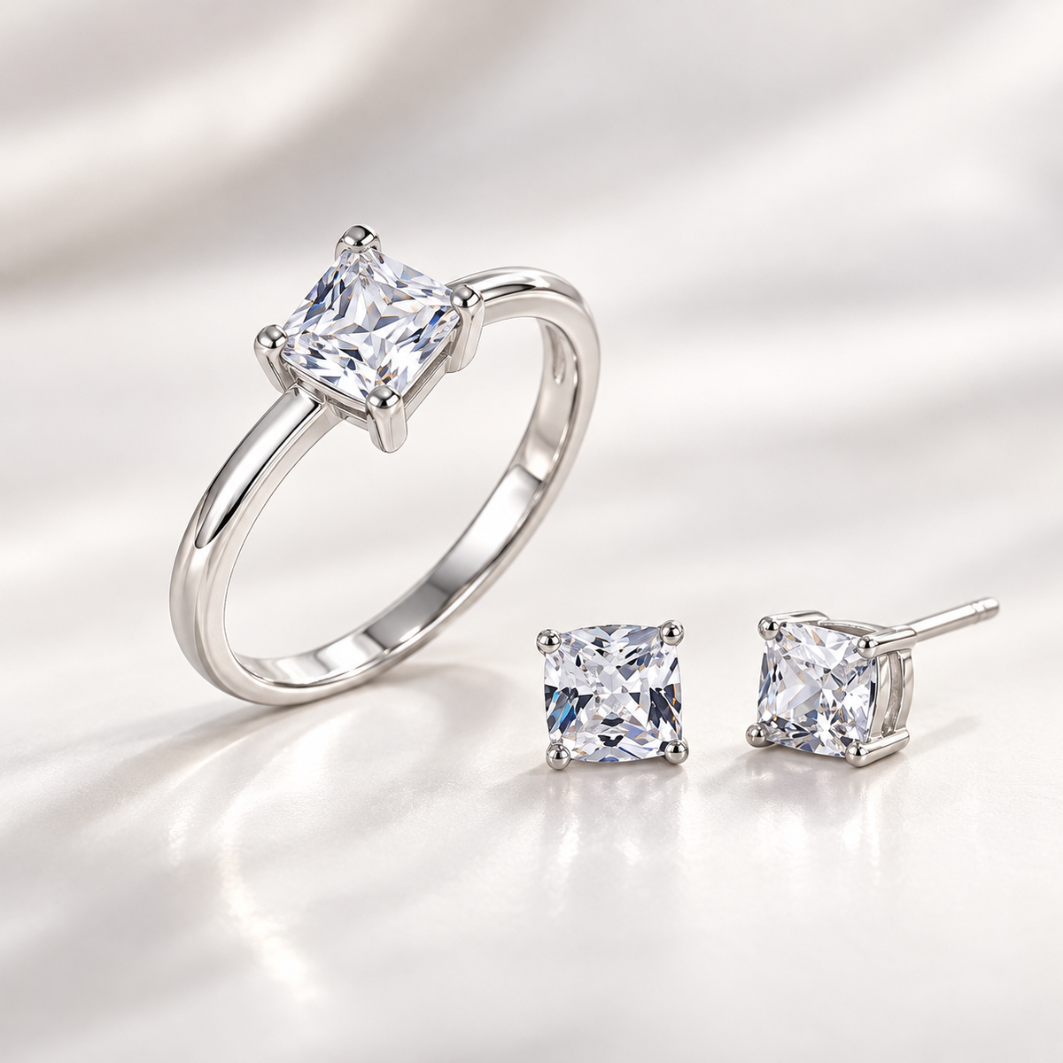 5mm Sterling Silver Ring and Stud Earring Set – Square Cubic Zirconia Jewelry Set