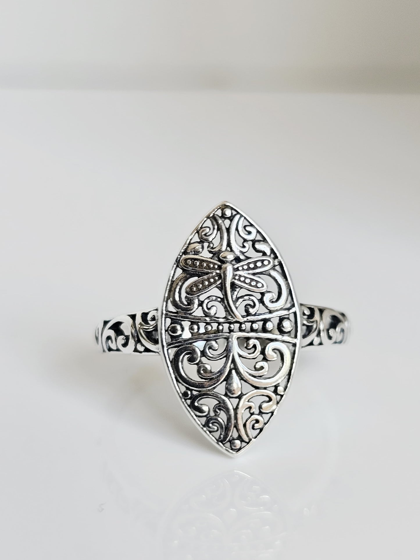 Sterling Silver Dragonfly Ring | 925 Vine Marquise Ring | Oxidized Silver Nature Jewelry | Minimalist Non-Tarnish Ring for Women