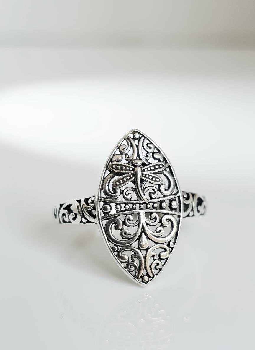 Sterling Silver Dragonfly Ring | 925 Vine Marquise Ring | Oxidized Silver Nature Jewelry | Minimalist Non-Tarnish Ring for Women