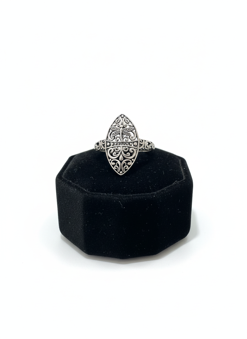 Sterling Silver Dragonfly Ring | 925 Vine Marquise Ring | Oxidized Silver Nature Jewelry | Minimalist Non-Tarnish Ring for Women