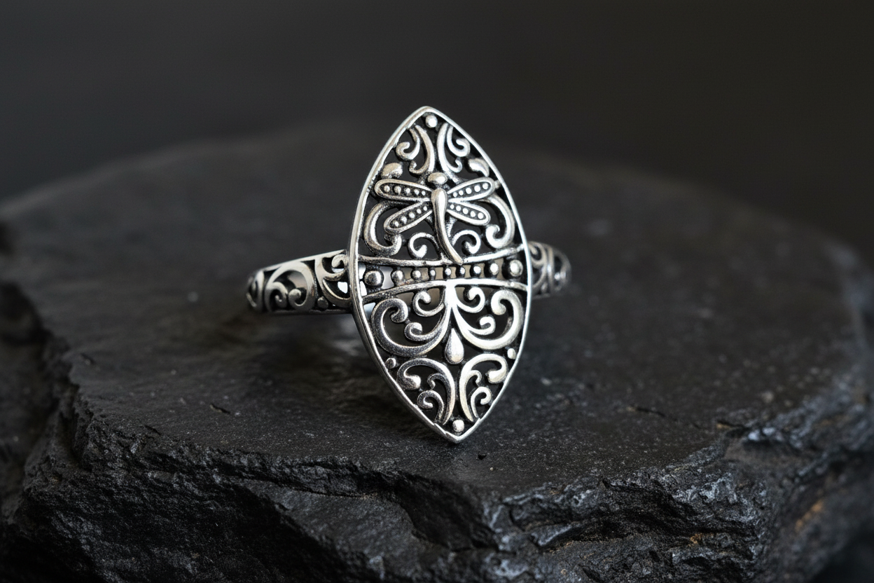 Sterling Silver Dragonfly Ring | 925 Vine Marquise Ring | Oxidized Silver Nature Jewelry | Minimalist Non-Tarnish Ring for Women