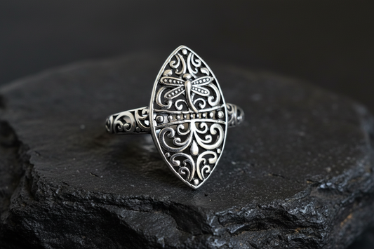 Sterling Silver Dragonfly Ring | 925 Vine Marquise Ring | Oxidized Silver Nature Jewelry | Minimalist Non-Tarnish Ring for Women
