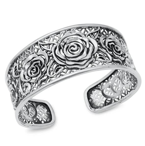 Sterling Silver 925 Three-Rose Bangle – Adjustable Oxidized Wide Statement Bracelet