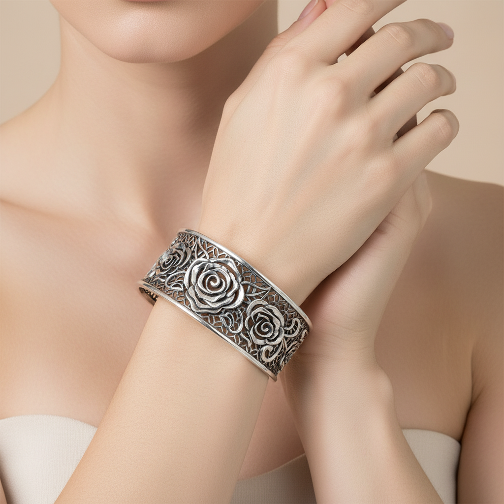 Sterling Silver 925 Three-Rose Bangle – Adjustable Oxidized Wide Statement Bracelet