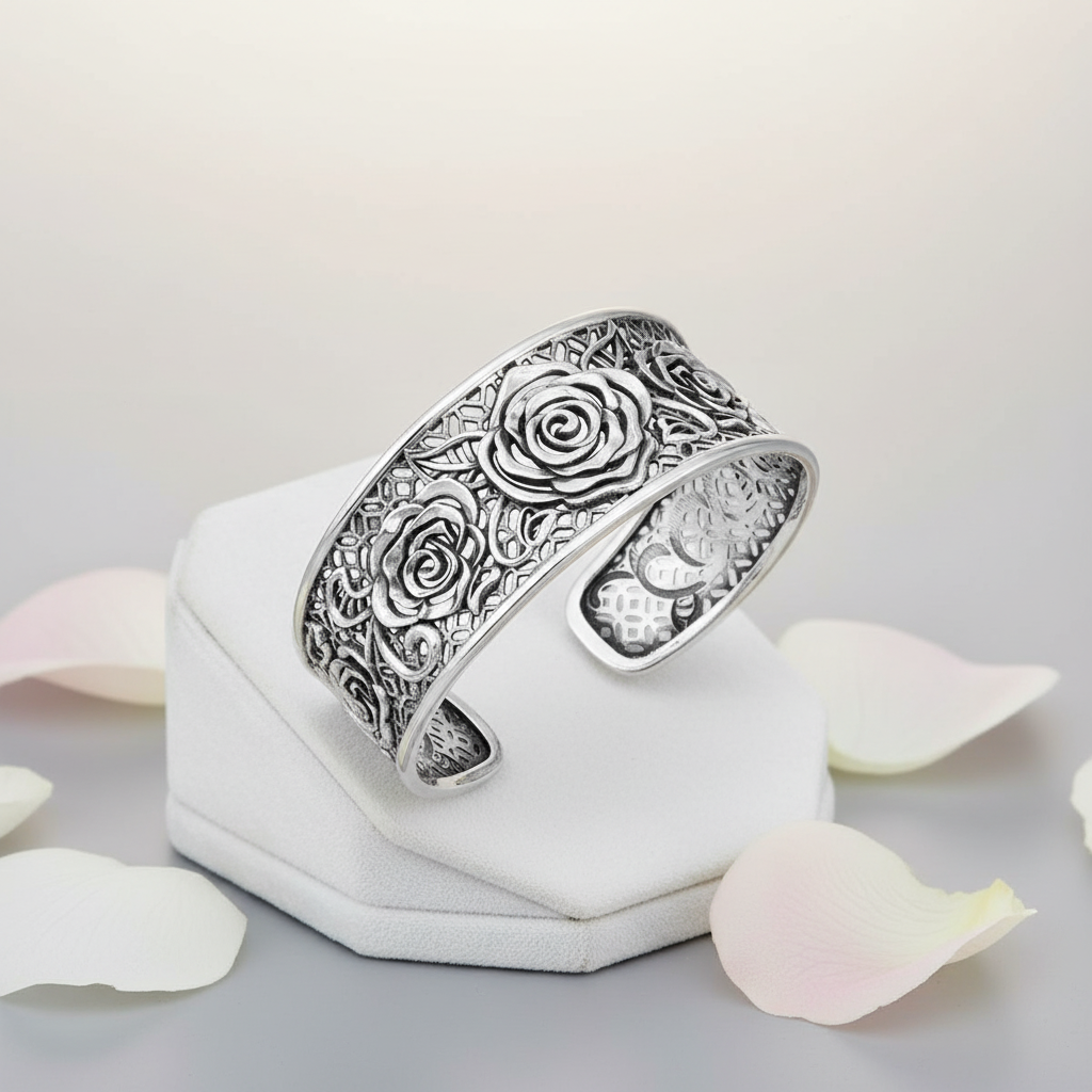 Sterling Silver 925 Three-Rose Bangle – Adjustable Oxidized Wide Statement Bracelet