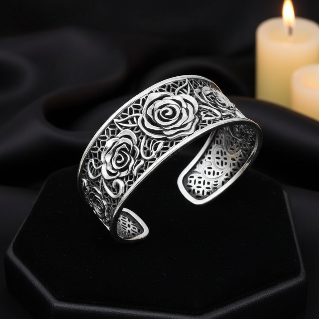 Rose Statement Bangle – 925 Sterling Silver with Oxidized Finish