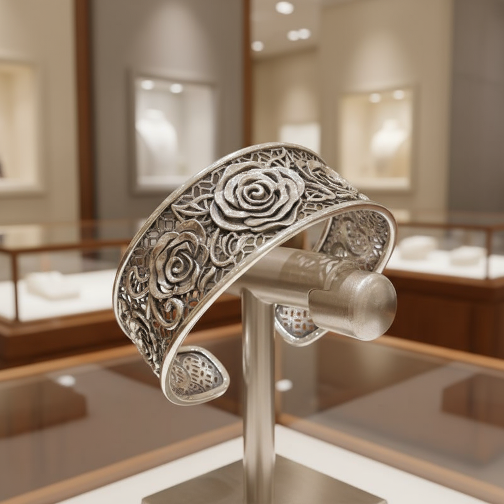 Sterling Silver 925 Three-Rose Bangle – Adjustable Oxidized Wide Statement Bracelet