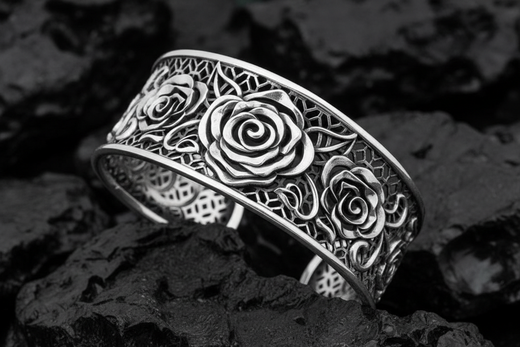 Rose Statement Bangle – 925 Sterling Silver with Oxidized Finish