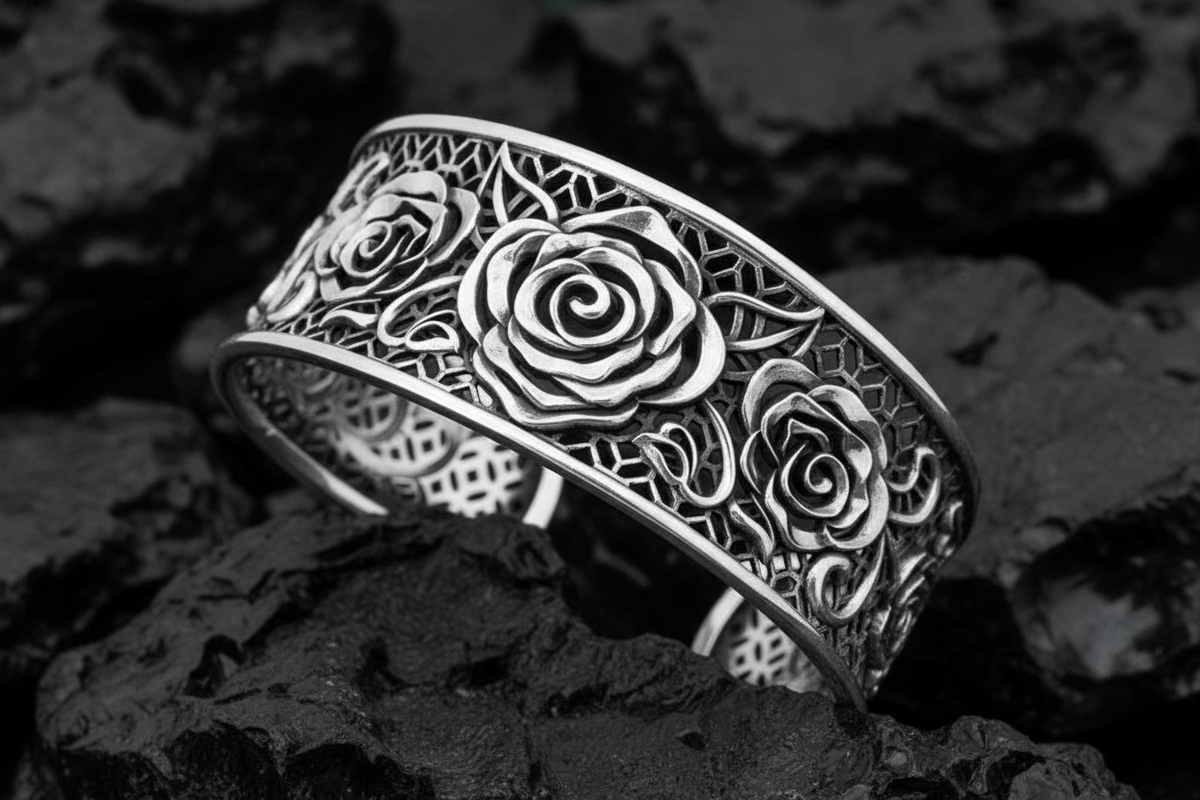 Rose Statement Bangle – 925 Sterling Silver with Oxidized Finish