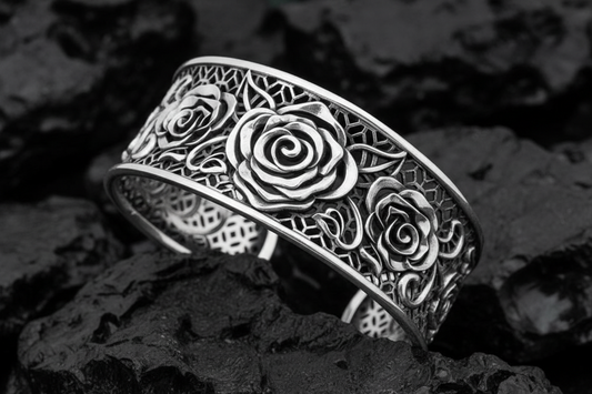 Sterling Silver 925 Rose Bangle – Adjustable Oxidized Wide Statement Bracelet