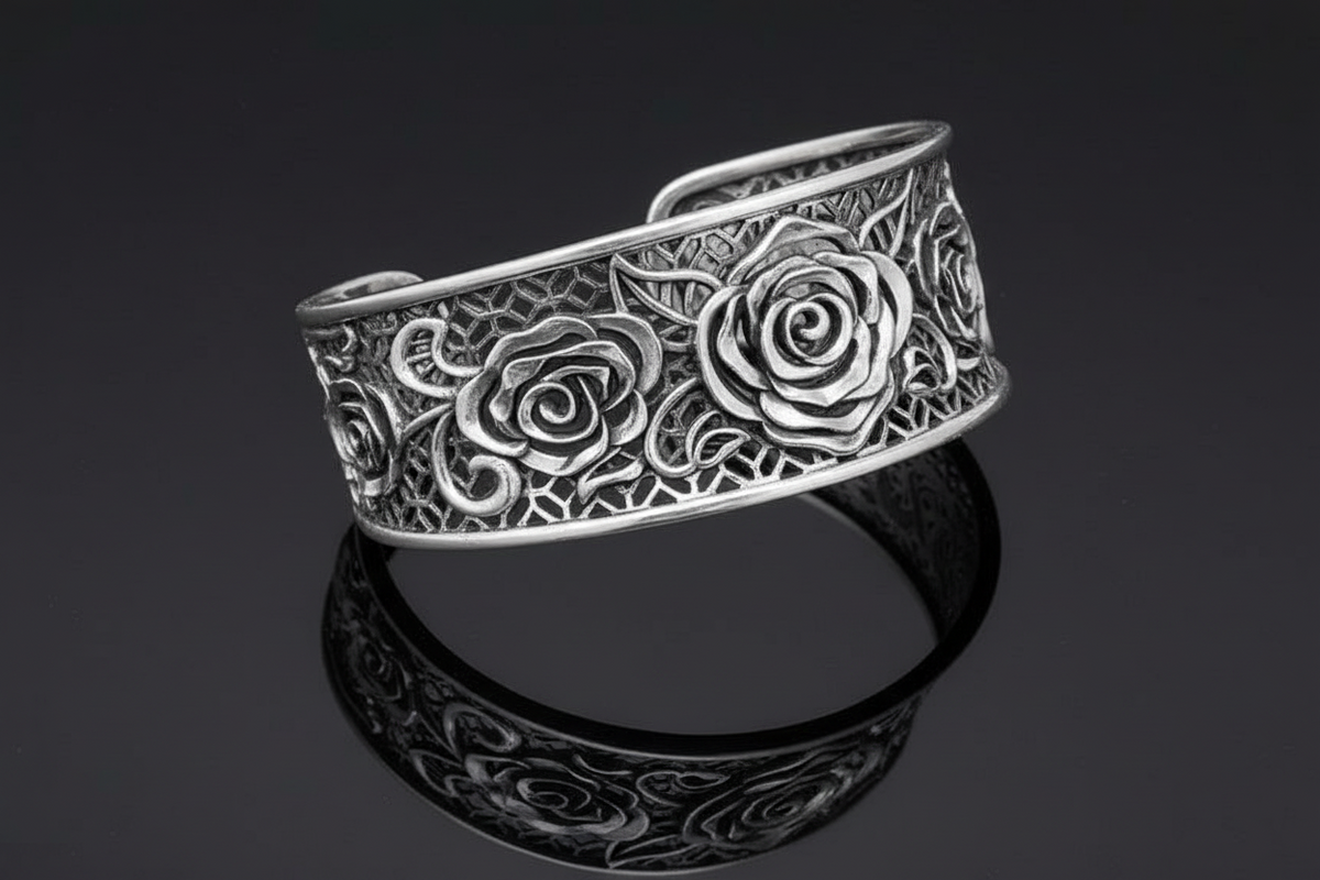 Rose Statement Bangle – 925 Sterling Silver with Oxidized Finish