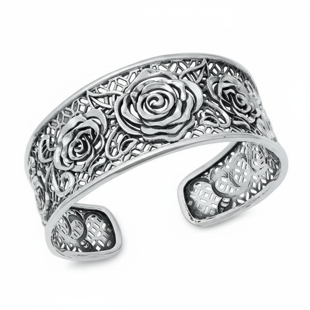 Sterling Silver 925 Three-Rose Bangle – Adjustable Oxidized Wide Statement Bracelet