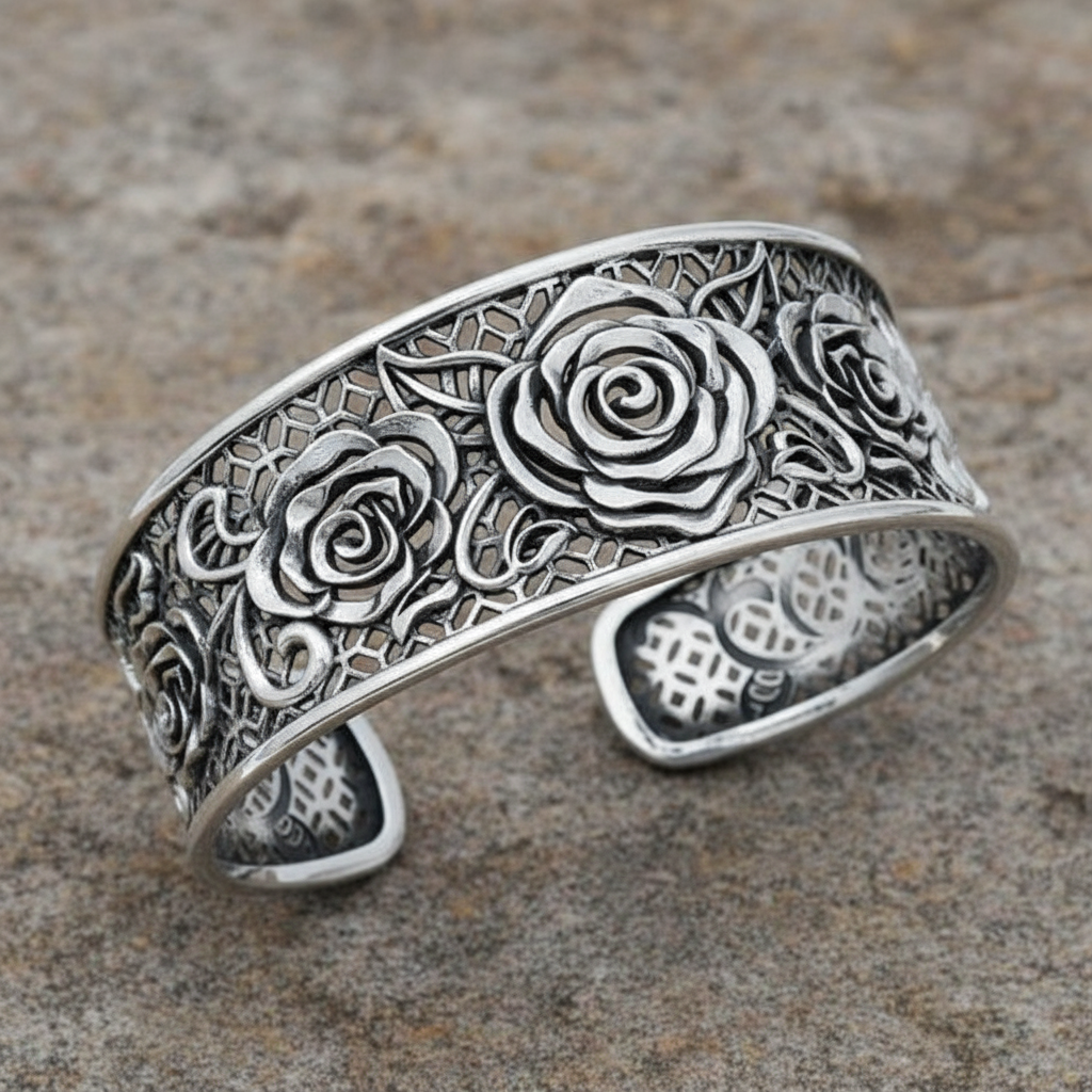 Sterling Silver 925 Three-Rose Bangle – Adjustable Oxidized Wide Statement Bracelet