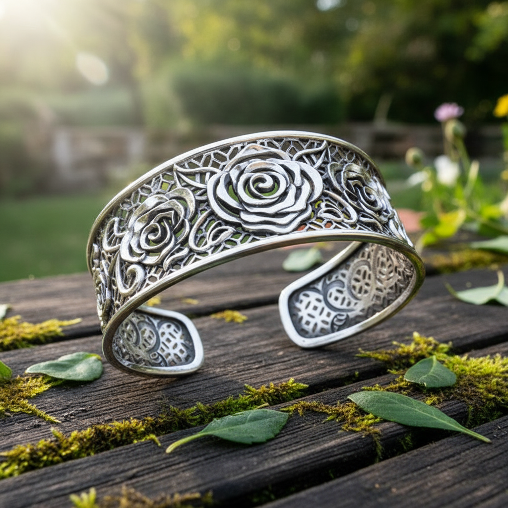 Sterling Silver 925 Three-Rose Bangle – Adjustable Oxidized Wide Statement Bracelet