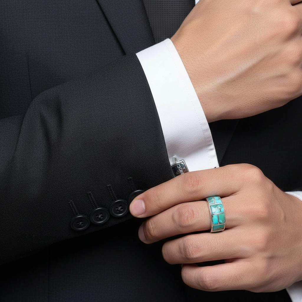 Men’s Turquoise Signet Ring – Sterling Silver 925, Genuine Turquoise Stone, 8.2mm Face