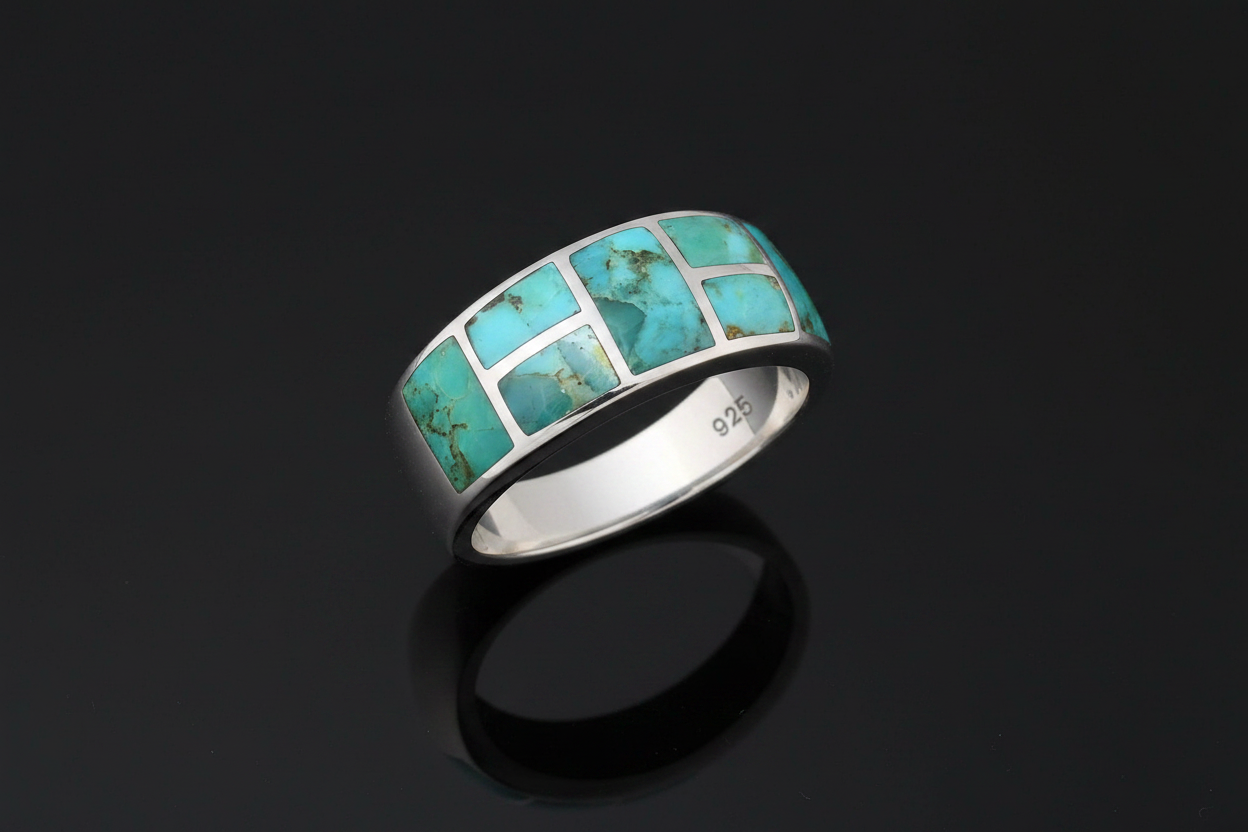 Men’s Turquoise Signet Ring – Sterling Silver 925, Genuine Turquoise Stone, 8.2mm Face
