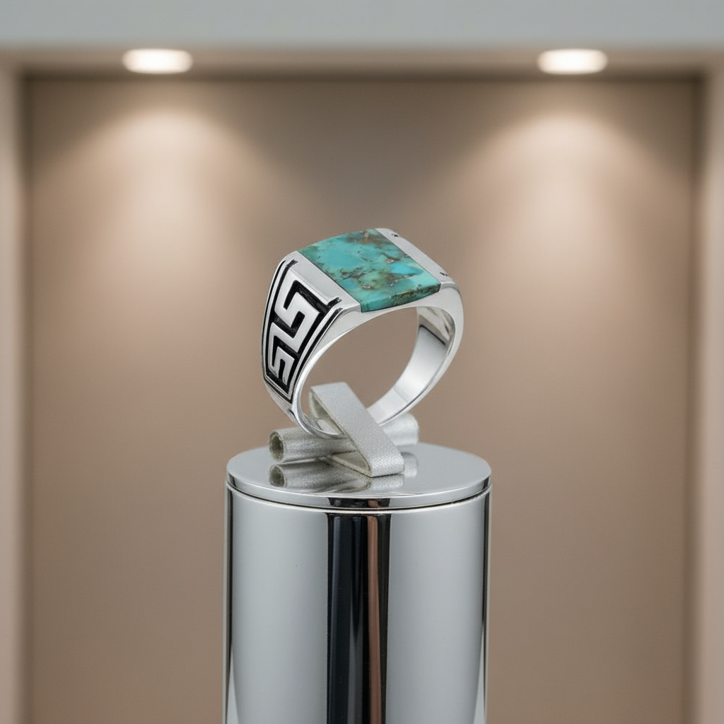 Greek Key Onyx Stone Men's Silver Ring