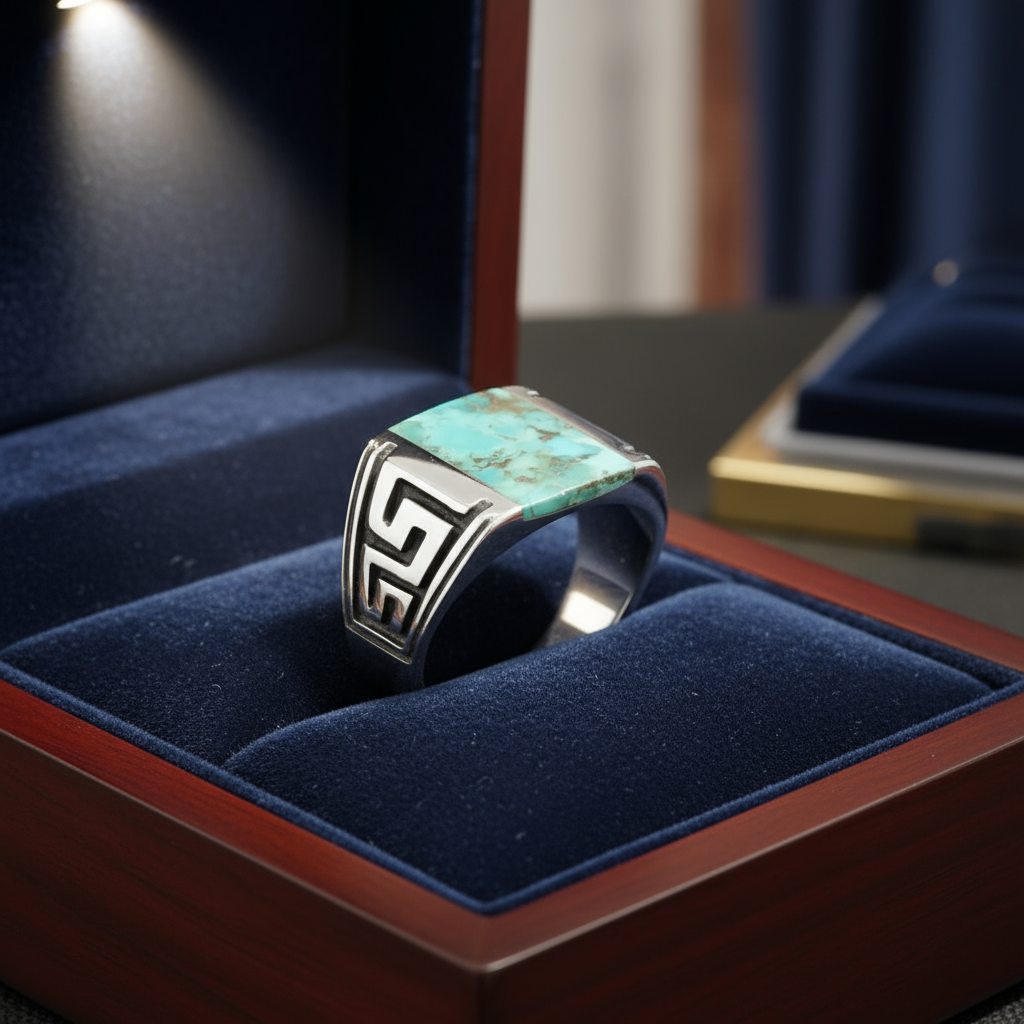 Greek Key Onyx Stone Men's Silver Ring