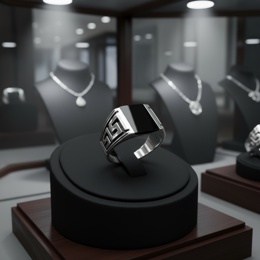 Greek Key Onyx Stone Men's Silver Ring
