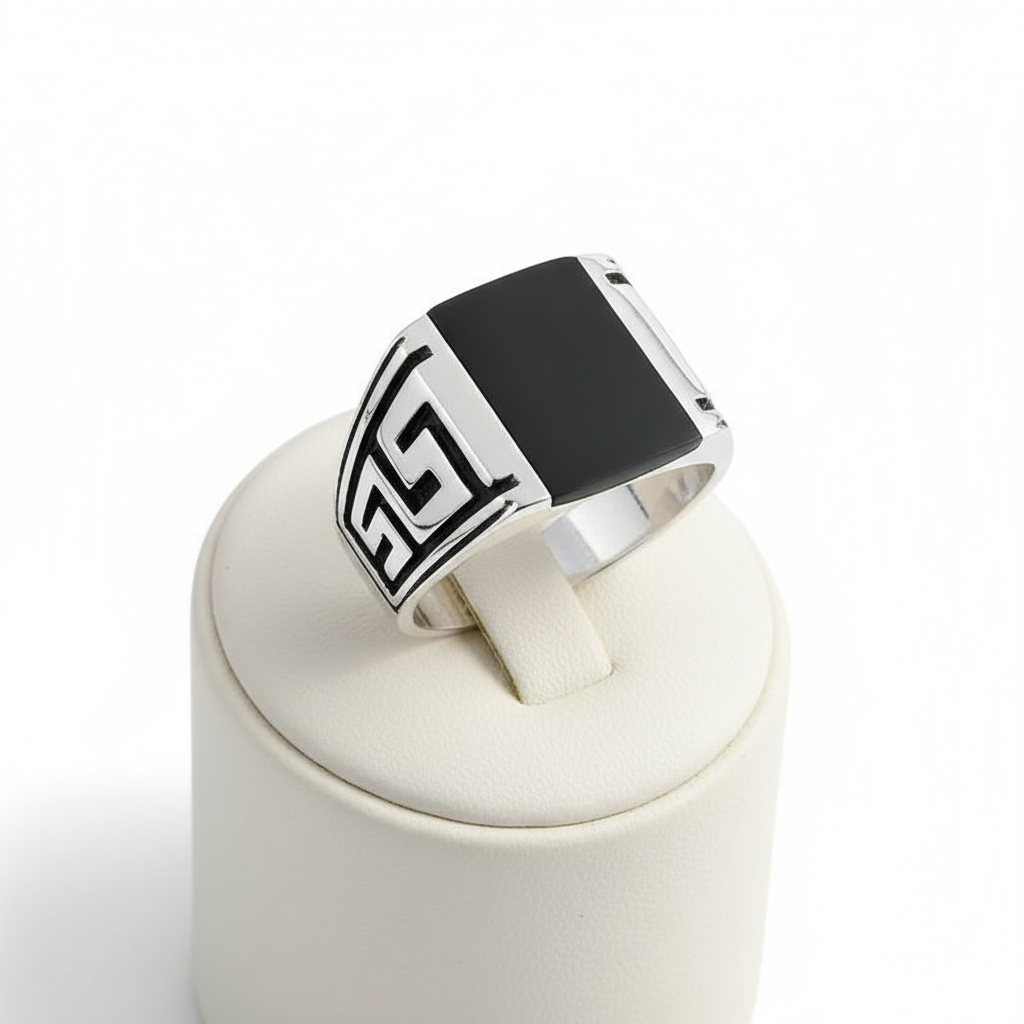 Greek Key Onyx Stone Men's Silver Ring