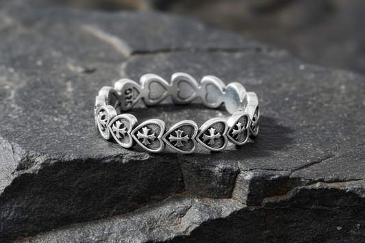 Oxidized Sterling Silver Heart Cross Ring: Medieval Style Band