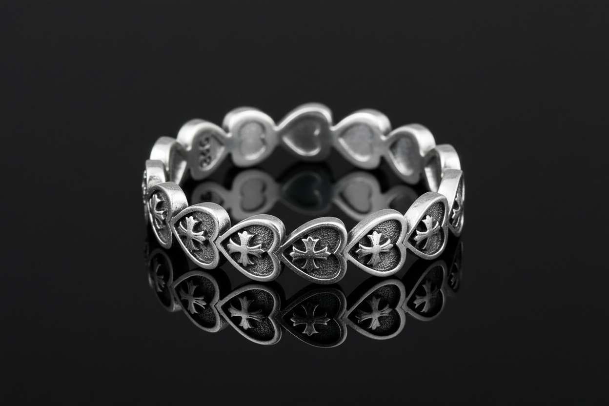 Oxidized Sterling Silver Heart Cross Ring: Medieval Style Band