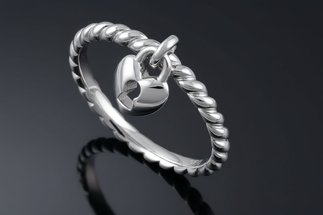 Sterling Silver Dangling Heart Lock Ring