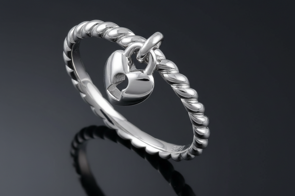 Sterling Silver Dangling Heart Lock Ring