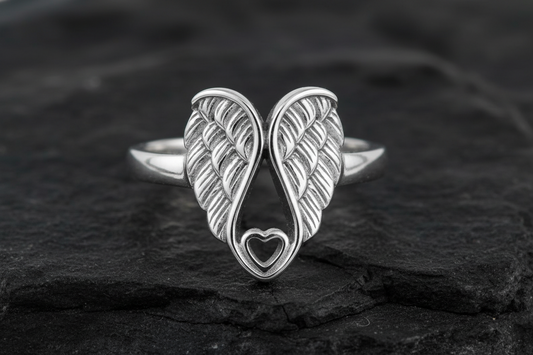 Sterling Silver Wings Ring: Heart Detail, Rhodium Plated