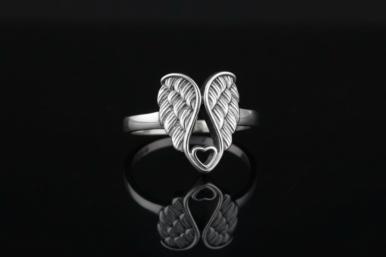Sterling Silver Wings Ring: Heart Detail, Rhodium Plated