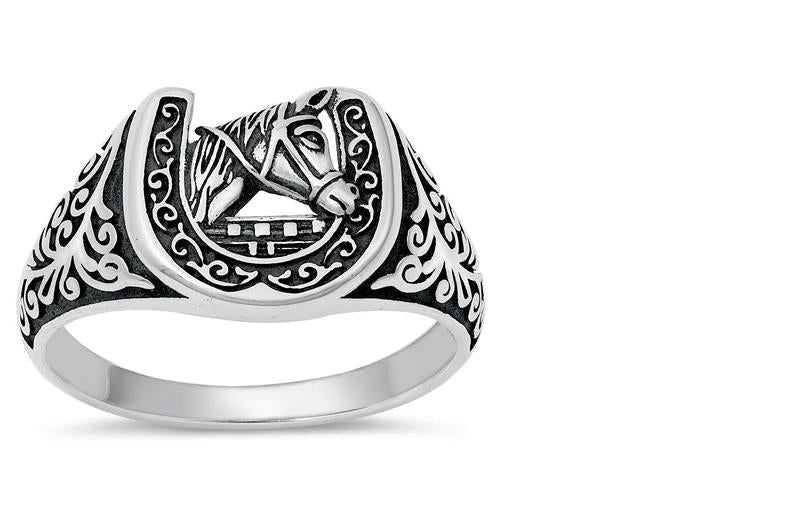 Sterling Silver Horse Ring: Lucky Horseshoe Equestrian Jewelry
