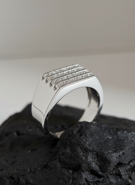 Classy 28 Stone Men's Ring – Solid 925 Stamped Sterling Silver, Art Deco Signet Ring