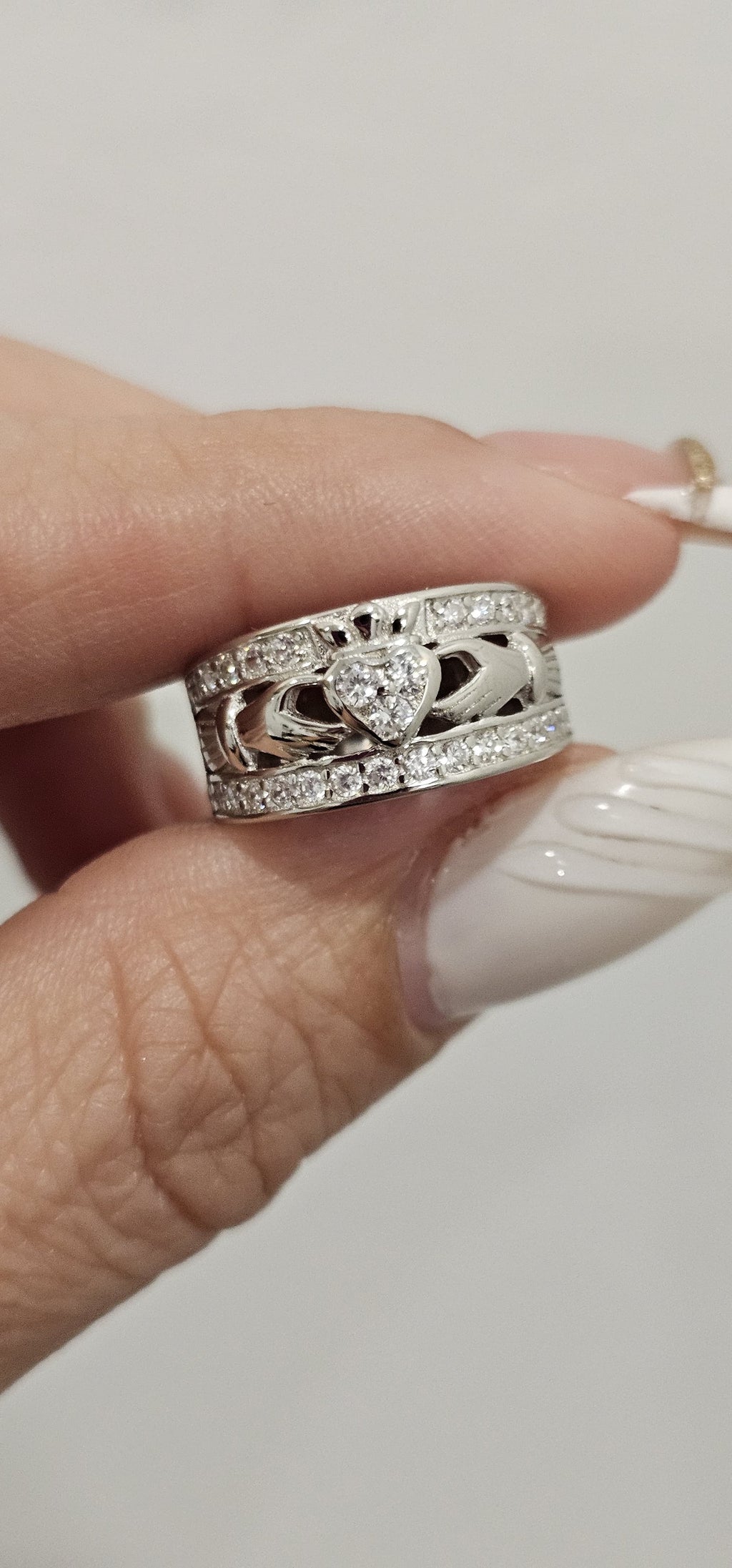 Sterling Silver Claddagh Ring w/ Clear CZ Stone - 9mm Face Height