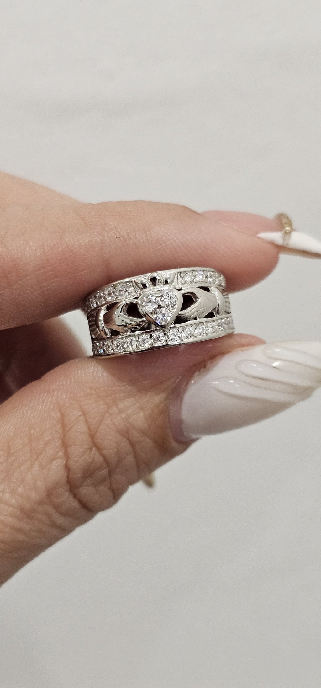Sterling Silver Claddagh Ring w/ Clear CZ Stone - 9mm Face Height