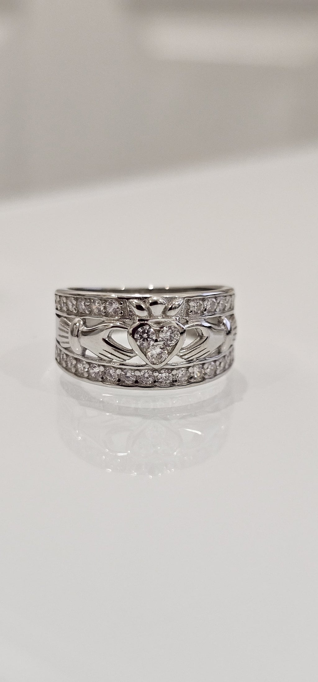 Sterling Silver Claddagh Ring w/ Clear CZ Stone - 9mm Face Height