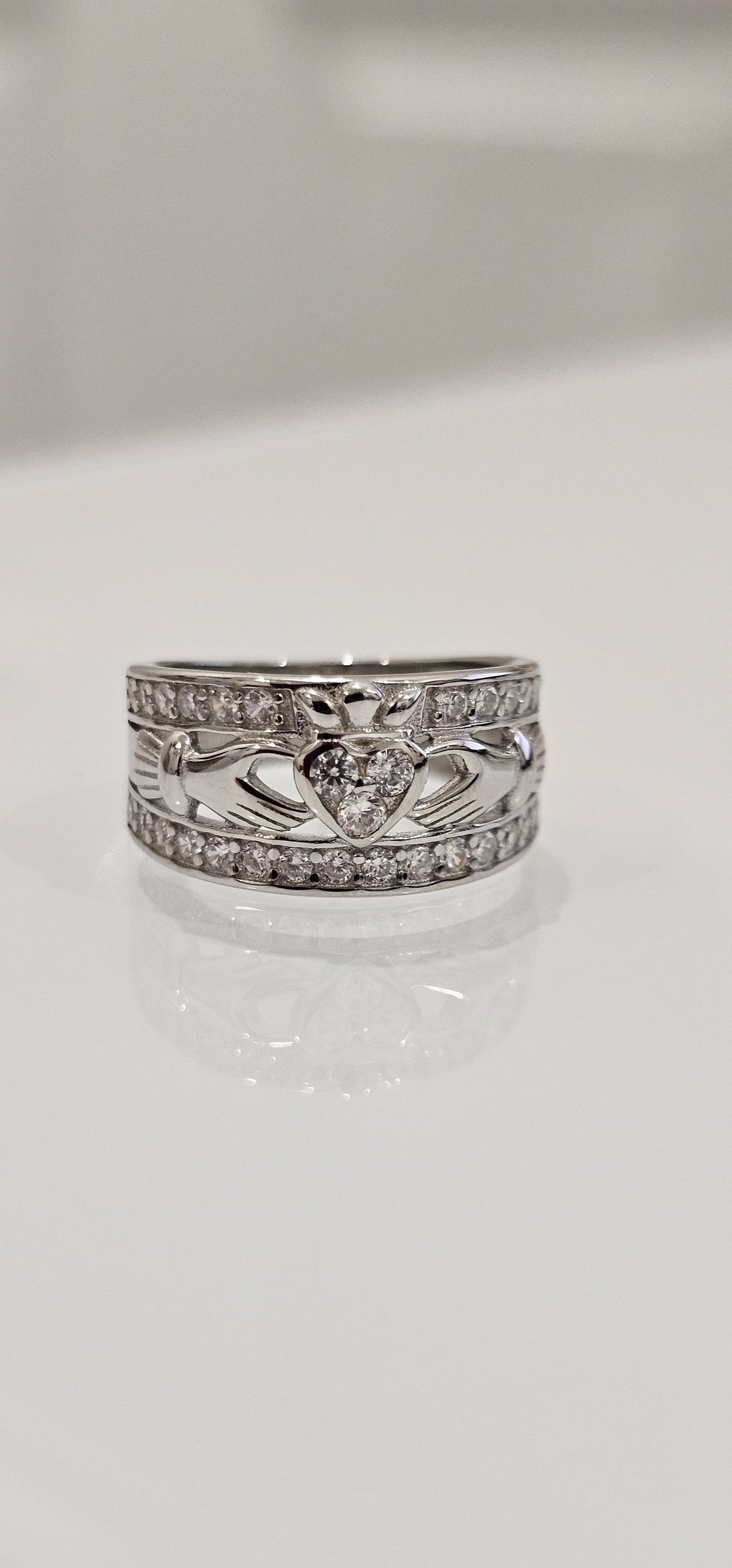 Sterling Silver Claddagh Ring w/ Clear CZ Stone - 9mm Face Height