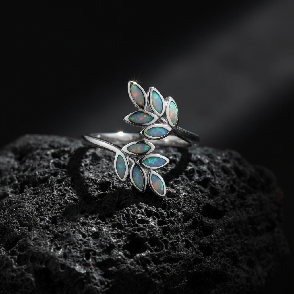 White Lab Opal Leaves Ring