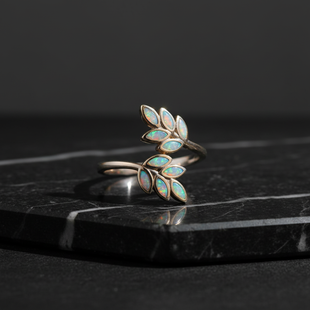 White Lab Opal Leaves Ring