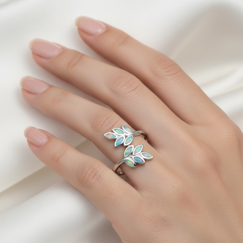 White Lab Opal Leaves Ring