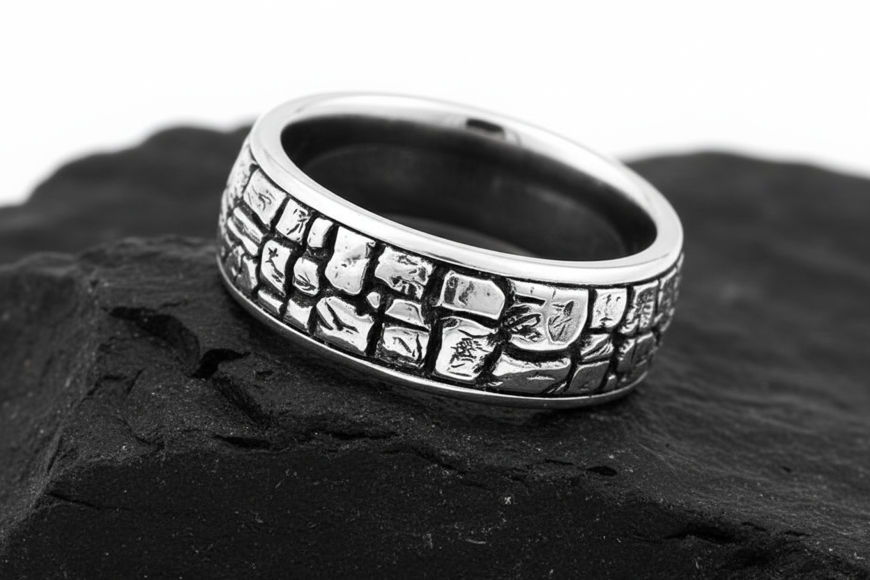 Stonework Sterling Silver Band: Rugged Men's Wedding Ring