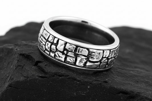 Stonework Sterling Silver Band: Rugged Men's Wedding Ring