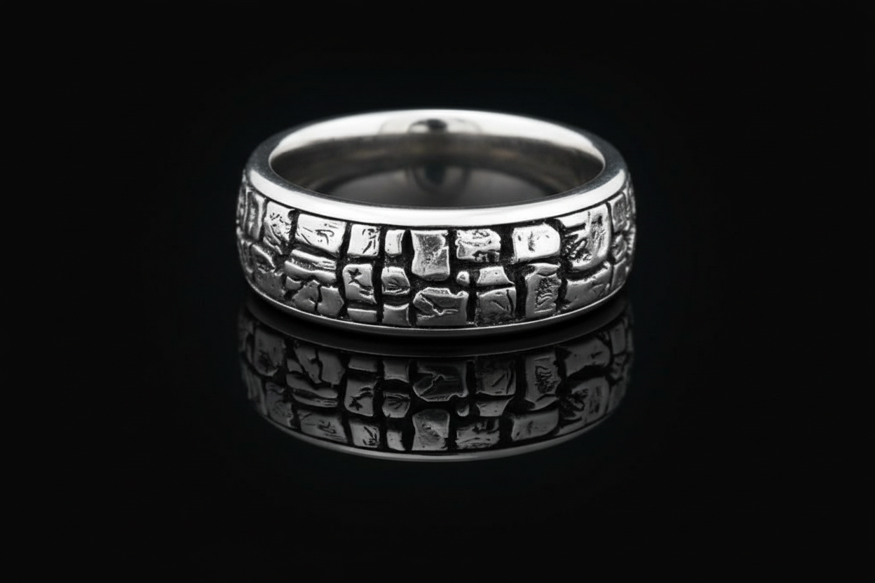 Stonework Sterling Silver Band: Rugged Men's Wedding Ring