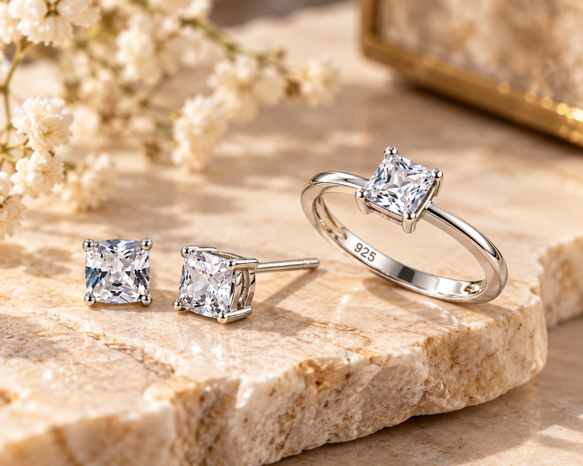 5mm Sterling Silver Ring and Stud Earring Set – Square Cubic Zirconia Jewelry Set
