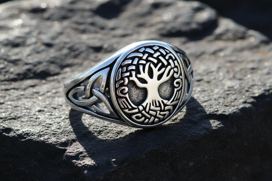 Sterling Silver Tree of Life Men's Ring, 12mm Face, Engagement, trendy