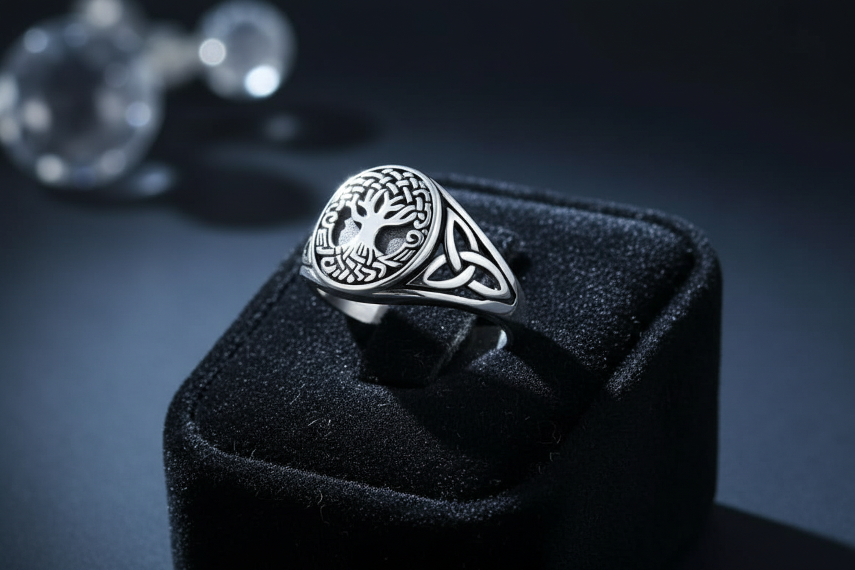 Sterling Silver Tree of Life Men's Ring, 12mm Face, Engagement, trendy